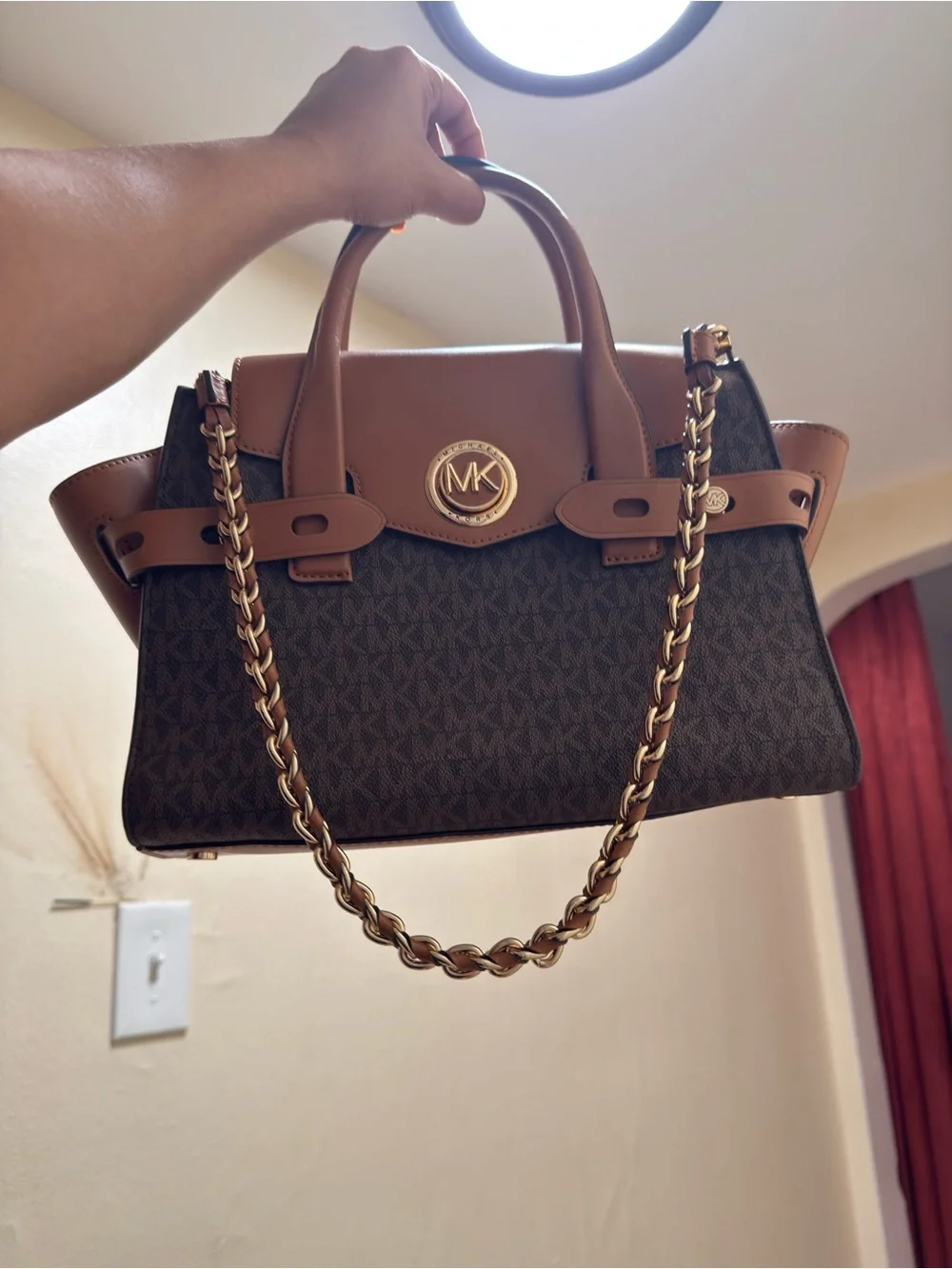 Michael Kors Carmen Medium Satchel Brown and Tan Signature w/ Gold Chain